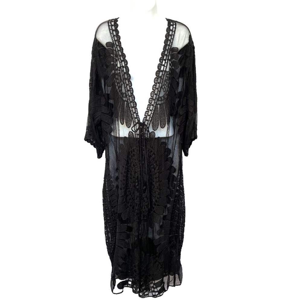 ASHA Beach Cover Up Black Lace Midi Vacation Pool Beach 1 Size Tie Front Cotton